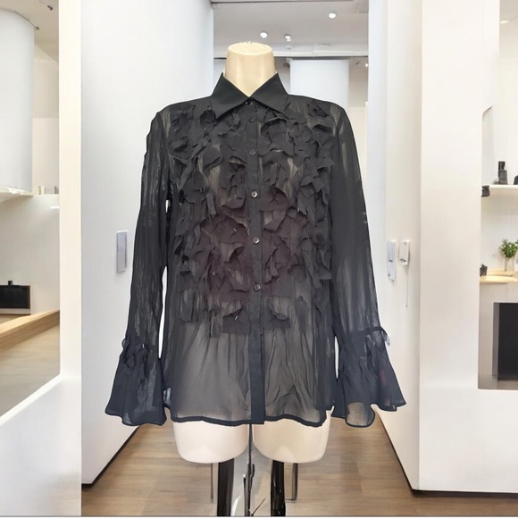 Komarov Black Sheer Long Sleeve Crinkle Blouse Ruffle Beaded Embellished Sz S - Picture 1 of 6
